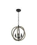 Six Light Orb Wood Chandelier With Rustic Oak Globe Frame Vintage Farmhouse Style Ceiling Light hanging on chain.