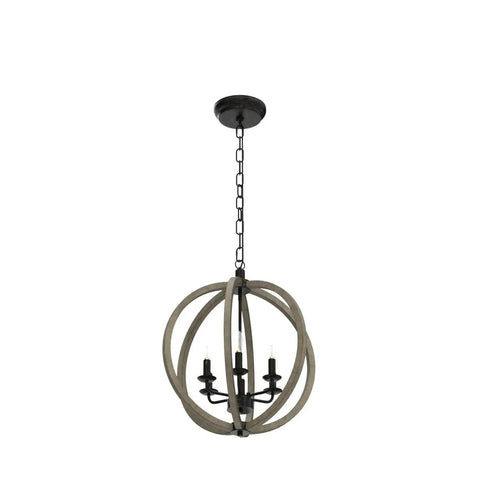 Six Light Orb Wood Chandelier With Rustic Oak Globe Frame Vintage Farmhouse Style Ceiling Light hanging on chain.