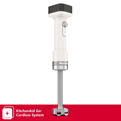 Kickass Cordless Hand Blender With Fast Charge Battery Plug Free Smoothie Mixer Lightweight Kitchen Blend Wand One Click Pulse High Speed Mixing Tool Zero Hassle Daily Cooking Pack For Busy Home Chefs in white with steel blending arm.