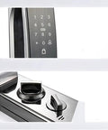 Premium Smart Door Lock With Rock Solid Fingerprint Reader Keycard And Pin Code Entry features a touch screen control panel and manual overrides.