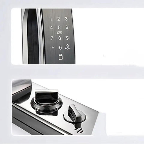 Premium Smart Door Lock With Rock Solid Fingerprint Reader Keycard And Pin Code Entry features a touch screen control panel and manual overrides.