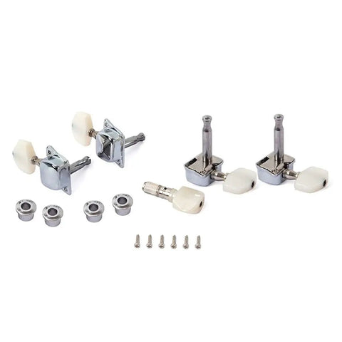 Five Piece Banjo Tuning Pegs Set With Semiclosed Machine Heads Chrome And White Finish Includes Bushings And Mounting Screws For Smooth Tuning Action And Easy Instrument Setup Built Tough