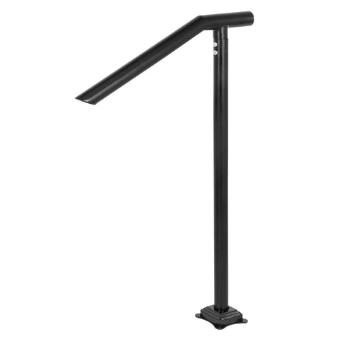Rock Solid Floor Mounted Stair Handrail For 2 To 3 Steps And 36 Inch Wide Iron Step Railing with smooth curve grip in matte black.