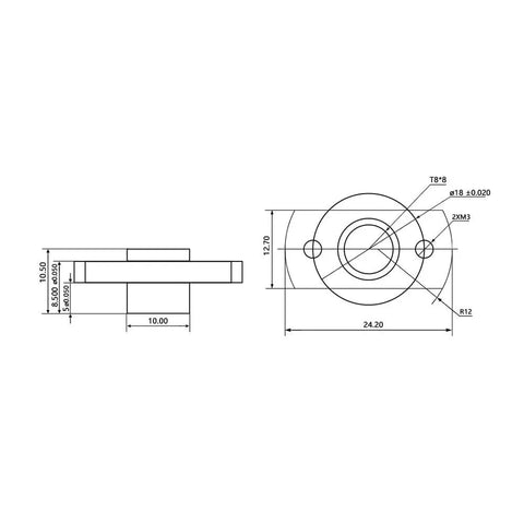 Upgrade Your 3D Printer Game With This Top Notch T8x8 Lead Screw Kit Featuring Precision Machined POM Nuts And Durable Brass Flange Nut For Smooth Z Axis Motion, Zero Layer Shifts, And Awesome Print Accuracy Today. Technical drawing of T8x8 brass flange nut, Ø18 mm, with 2xM3 holes