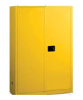 Sixty Five Inch High Flammable Safety Cabinet With Self Closing Double Doors Plus Two Built Racks To Stash Hazardous Liquids Safely And Heavy Shop Grade Steel Build In Bright Alert Yellow, closed front view.