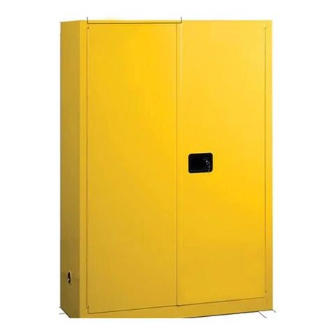 Sixty Five Inch High Flammable Safety Cabinet With Self Closing Double Doors Plus Two Built Racks To Stash Hazardous Liquids Safely And Heavy Shop Grade Steel Build In Bright Alert Yellow, closed front view.
