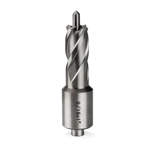 Oscarbide 9/16x1 annular cutter with Weldon shank and pilot pin, front view