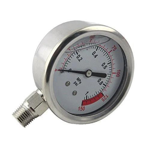 Front view of oil-filled stainless-steel pressure gauge with a 2.5-inch dial, MPa/psi dual-scale, 1/4-inch lower mount for RO systems
