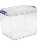 Heavy-Duty Clear Plastic Storage Bins With No-Fuss Blue Latches, 27 Qt Stackable Organizers, clear container with blue handles.