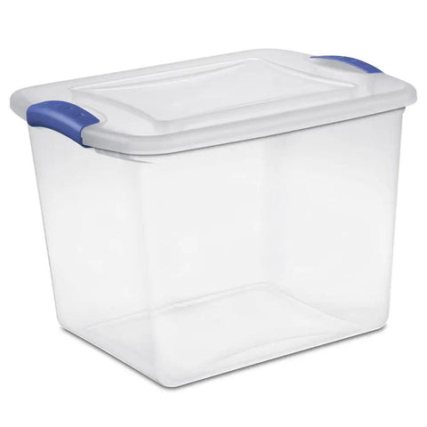 Heavy-Duty Clear Plastic Storage Bins With No-Fuss Blue Latches, 27 Qt Stackable Organizers, clear container with blue handles.