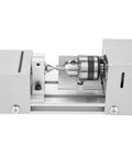 BACHIN mini benchtop wood lathe side view with metal chuck and tailstock