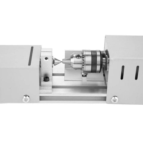 BACHIN mini benchtop wood lathe side view with metal chuck and tailstock