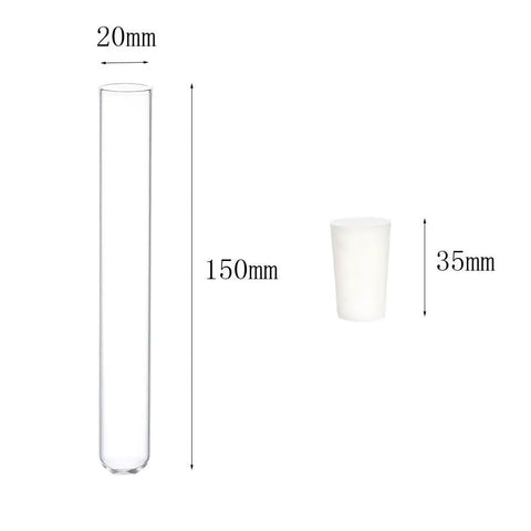 10 Pack Glass Test Tubes With Rubber Stoppers 150mm By 20mm 36 Ml Capacity Includes Cleaning Brush Clear Lab Tubes For Real Science Experiments At Home. Glass tube and stopper dimensions shown, 150mm x 20mm test tube with 35mm stopper.