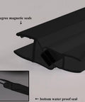 Close-up of 45-degree magnetic seals and bottom waterproof seal for Slick Matte Black Frameless Pivot Shower Door Featuring Thick Clear Tempered Glass And Smooth Reversible Swing Action For A Straight Up Bathroom Upgrade.