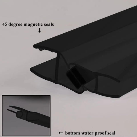 Close-up of 45-degree magnetic seals and bottom waterproof seal for Slick Matte Black Frameless Pivot Shower Door Featuring Thick Clear Tempered Glass And Smooth Reversible Swing Action For A Straight Up Bathroom Upgrade.