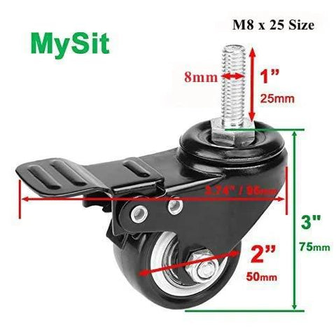 Set Of 4 Stem Casters M8x25 With Double Locking Brake, 2 Inch Heavy Duty PU Rubber Swivel Caster Wheels For Shopping Trolleys