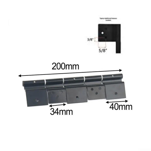 Rock Solid Aluminum RV Door Hinges Complete Replacement Kit For Fifth Wheels And Motorhomes showing four black hinges measuring 200mm x 34mm.