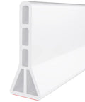 Close-up view of Heavy Duty 3 Inch Rise Shower Threshold Water Dam Adhesive Leak Blocker Guards, 74 inch long, white vinyl material.