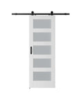 Five Panel Glass Barn Door With Sliding Hardware Kit And Handle Solid MDF Core And Eco Waterproof PVC Veneer White Finish 30x84 Inches