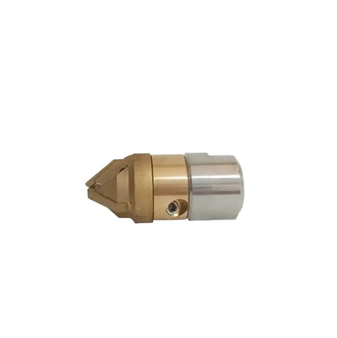 Heavy Duty Pro Grade High Pressure Rotating Roots Cutting Nozzle For Sewer Drain Cleaning, Stainless Steel Drill Head With M22 Connection, 15 LPM Flow, Multi Directional Water Outlets Cleans Entire Pipe Walls brass and steel nozzle side view