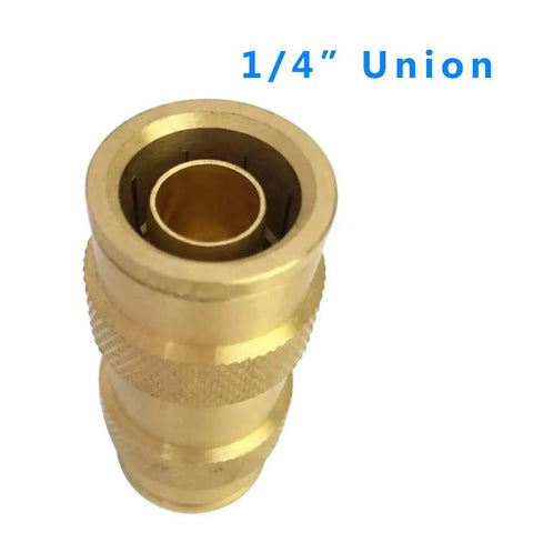 Close-up of a brass 1/4 inch union from Brass Quarter Inch Push To Connect Pneumatic Fittings Set, 5 Piece Quick Connect Air Hose Fittings.