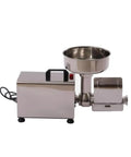 Heavy-Duty Stainless Steel Electric Tomato Press And Sauce Maker With Automatic Strainer, side view with bowl and motor.