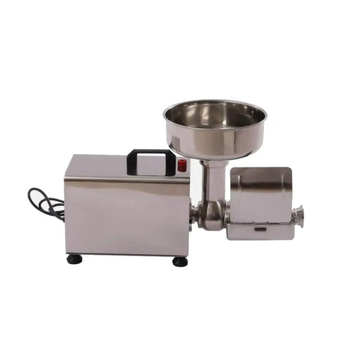 Heavy-Duty Stainless Steel Electric Tomato Press And Sauce Maker With Automatic Strainer, side view with bowl and motor.