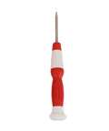 Close-up of red and white handled screwdriver tool with fine tip for precision work