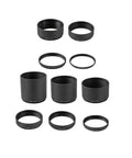 M54x0.75 Length Extension Tube Aluminum Threaded Adapter assortment showing stackable sizes for telescope photography