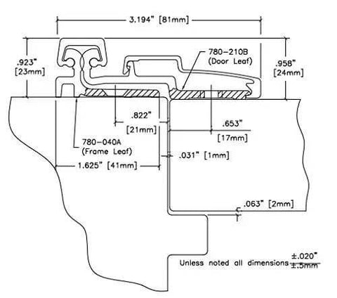 Technical drawing of 780210HD Series Aluminum Beefy Heavy Duty Fire Rated Roton Continuous Geared Hinges with dimensions.