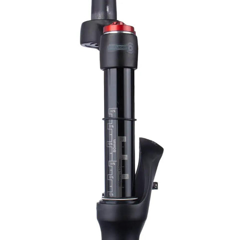 Close-up of Air Front Mountain Bike Fork With 100mm Travel Rebound Adjustment Manual And Remote Lockout 26 27.5 And 29 Inches
