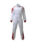 White go kart racing suit with red flame accents, Go Kart Racing Suit Water Resistant Digital Print Breathable Fabric For Adults Youth And Kids XXL 62 Lightweight One Piece Ergonomic Design For High Speed Sessions
