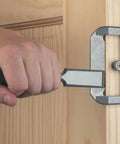 Door Lock Installation Kit For Wooden Doors With Self Centering Jig Adjustable Backset Two And Three Eighths Or Two And Three Quarters Inches Includes Carbon Hole Saws For Wood Router Bit And Bolt Plate Templates Interior And Exterior Door Install shown in use on a wood door