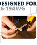 Hands using wire strippers on a wire designed for 26-19 AWG, featuring Heavy Duty Presslok Connectors And Splice Terminals 5000 Pack.