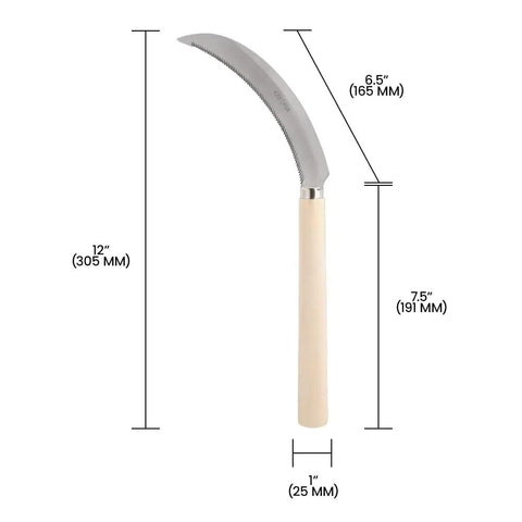 Dimensions of the K208 Berry Harvest Sickle With Wooden Handle, 6.5-Inch Serrated Stainless Steel Blade, Japanese Style.