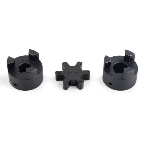 Three-piece L-jaw coupling set: two black circular hubs and a star-shaped center spider for log splitter use.