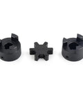 Front view of black 3/4 in L-jaw couplings with Buna-N rubber spider; two hubs and a center star piece.