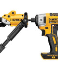 DeWalt metal shear/cutter drill attachment with 360° pivoting head on yellow/black cordless drill; cuts 18-gauge metal.