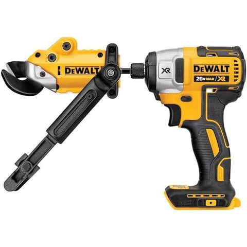 DeWalt metal shear/cutter drill attachment with 360° pivoting head on yellow/black cordless drill; cuts 18-gauge metal.
