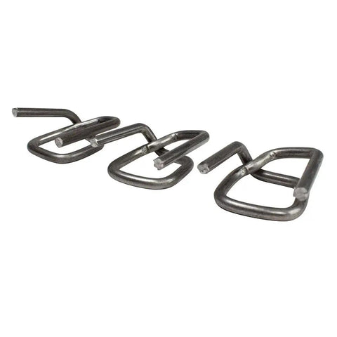 Heavy Duty Half Inch Wire Buckles For Cord Strapping Grey Galvanized 1000 Count Box displaying three sturdy metal buckles