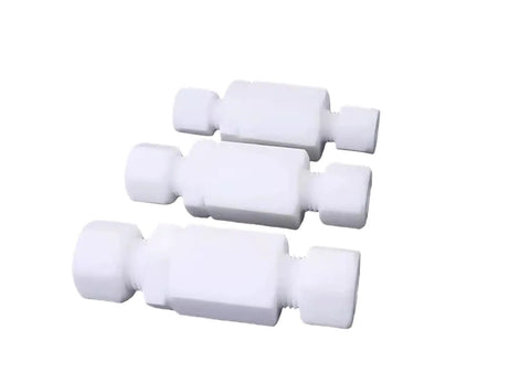Three No Nonsense 10 Pack PTFE Teflon Check Valves 1/8 Inch for fluid lines, showcasing durable polymer construction.