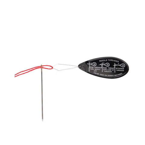 20 Pack Aluminum Needle Threaders With Flexible Wire Handles In Black For Tiny Needle Eyes Easy Threading For Hand And Machine Sewing Projects DIY Craft Tools needle threader with thread and needle on white background