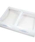 Top view of 3551JJ1005X Genuine OEM Crisper Drawer Cover White For Refrigerators Replacement Fridge Drawer Lid with rail brackets.