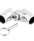 Marine Grade 316 Stainless Steel Boat Railing Pipe Connector Folding Swivel Coupling Tube Fitting For Saltwater Boats Built To Last Hardware 25mm 1 Inch Mirror Polish Finish Corrosion Resistant shown disassembled with pin.