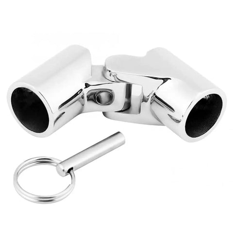 Marine Grade 316 Stainless Steel Boat Railing Pipe Connector Folding Swivel Coupling Tube Fitting For Saltwater Boats Built To Last Hardware 25mm 1 Inch Mirror Polish Finish Corrosion Resistant shown disassembled with pin.