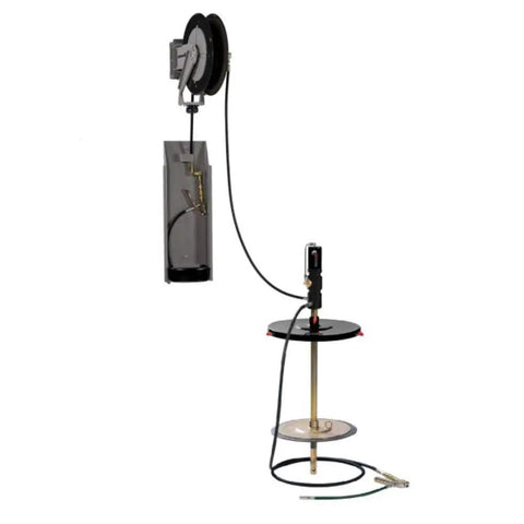 Rugged Wall Mounted Grease Gun Pump Set Featuring A Rock Solid 30 Ft Hose Reel And Triple Swivel Tip Built For 120 Pound Drums Real Deal Auto Shop Lubrication Kit