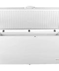 Heavy Duty Commercial Chest Freezer That Runs On Beast Mode Keeping Food Dead Cold Even When The Hinged Lid Stays Open, showing the opened white lid.