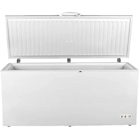 Heavy Duty Commercial Chest Freezer That Runs On Beast Mode Keeping Food Dead Cold Even When The Hinged Lid Stays Open, showing the opened white lid.