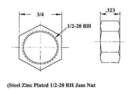 Steel Zinc Plated 1/2-20 RH Jam Nut dimensions showing side and top view, used for secure fastening in automotive applications.