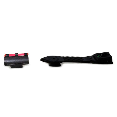 Adjustable FireSight Set For Three Eighths Dovetail Sights Replaces Front Bead With Fiber Optic For A Clean No Fuss Fit On Most Lever Action Guns And Ruger Ten Twenty Two No Gunsmithing Required Rear Metallic Adjustable Sights, showing front and rear sights with fiber optic detail.